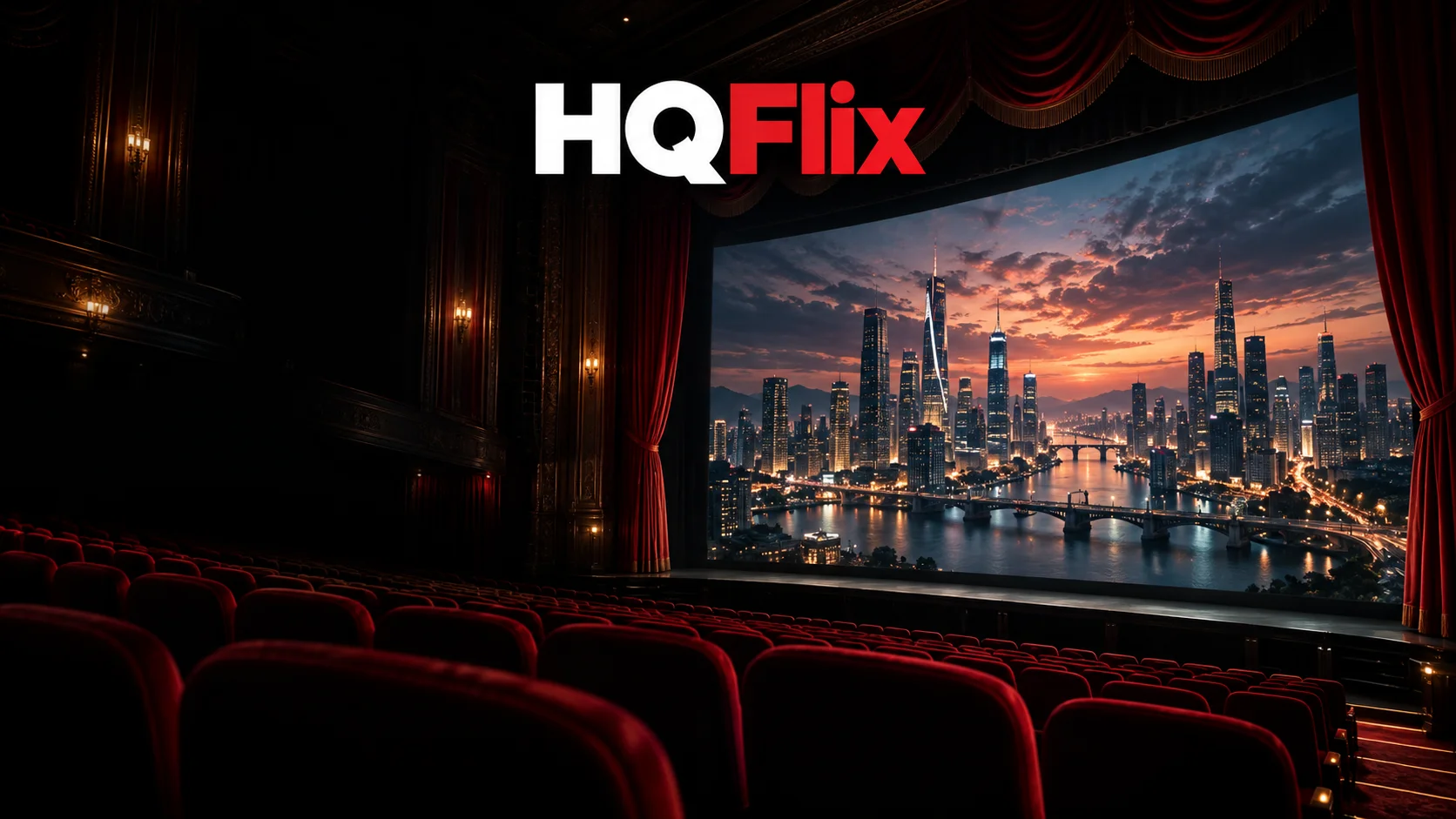 HQFlix lettering above an original red-curtained cinema and city skyline